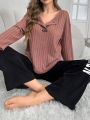 Women's Knitted Top And Letter Print Pants Homewear Set