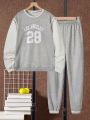 Boys' Sporty Casual Printed Hooded Sweatshirt & Ribbed Jogger Pants Set, Faux Two Piece