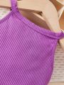 SHEIN Baby Girls' Casual Purple Camisole Top And Multicolor Pleated Skirt Set