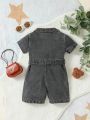 Baby Girl Ripped Button Front Belted Shirt Romper