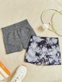 SHEIN Tween Girls' Seamless Knit Jacquard Tie Dye Sports Shorts Set