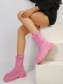 Comfortable And Fashionable Knitted Soft Pink Women's Wedge Heel Platform Boots