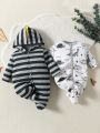 Baby Boy Cute Dinosaur Printed Romper With Dinosaur Horn Design Hat, 2pcs Home Outfit