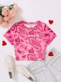 SHEIN Girls' Knitted Mesh Heart Pattern Casual T-Shirt, Teenagers
