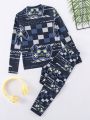 SHEIN Tween Boy Casual College Style Printed Round Neck Pullover Long Sleeve Pajamas And Tight Knitted Pants Set For Home Wear