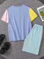 SHEIN Kids EVRYDAY Tween Boys' Loose Fit Casual Round Neck Contrast Color Short Sleeve T-Shirt And Shorts Set