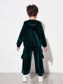 SHEIN Kids HYPEME Boys Casual And Comfortable Embroidered Pattern Velvet Hooded Jacket With Side Patch Pockets Trousers Suit