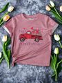 SHEIN Kids HYPEME Young Girl Cartoon Car & Letter & Heart Printed Short Sleeve Pullover T-Shirt With Round Neckline