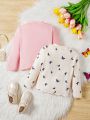 SHEIN Kids EVRYDAY Toddler Girls' Knitted Mushroom & Butterfly Pattern Round Neck T-shirt 2pcs/set