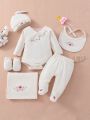 SHEIN Baby Girl'S Flower Embroidery 6pcs Gift Set, Including Bodysuits, Pants, Hat, And Bibs