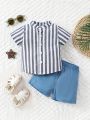 Baby Boy Stand Collar Striped Short Sleeve Shirt And Shorts Set