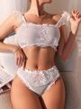 SHEIN Women's Butterfly Bowknot Decor Lace Bra And Triangle Panties Sexy Lingerie Set