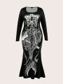 SHEIN ICON Plus Size Skull Printed High Low Hem Long Sleeve Dress