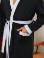 Men Contrast Trimmed Dual Pockets Belted Robe