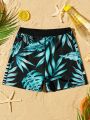 SHEIN Boys' Casual Floral Leaves & Plants Print Stretchy Knit Swim Trunks