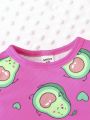 Baby Girls' Cartoon Avocado With Letter Printed Long Sleeve Top And Pants Pajamas Set