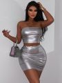 SHEIN SXY Pu Leather Strapless Top And Skirt Set
