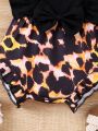 Baby Girl Leopard Printed Ruffle Hem Short Sleeve Romper With Patchwork Design