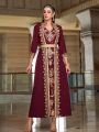 SHEIN Najma Women Golden Decorated Two-Piece Dress, Modest Full Length Moroccan Kaftan Dress