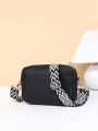 Adjustable Wide Strap Shoulder Bag With Double Pockets, Simple Style