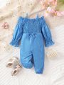 Baby Girls' Denim Overall Jumpsuit With Ruffle Trim