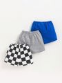 SHEIN Baby Boys' Letter Print Black And White Plaid Solid Shorts 3pcs Outfit Set