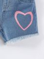 Baby Girls' Cute Heart Pattern Printed Denim Shorts