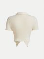 SHEIN Teen Girls' Knitted Ribbed Fabric Bag Buckle Design Irregular Hem T-Shirt
