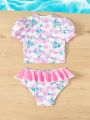 Baby Girl Flower Print Sun Protection Swimsuit Set For Summer Vacation