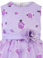Little Girls' 3d Flower Embellished Party Dress With Floral Pattern