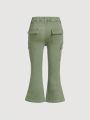 SHEIN Young Girls' High Waisted, Water Washed, Comfy, Soft, Stylish, Flared Jeans With Stretch And Side Pockets, Cargo Style