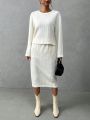 SHEIN Essnce Knitted Solid Colored Top And Skirt Set With Twisted Pattern, Long Sleeve, Round Neck