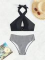 SHEIN Swim Vcay Solid Halter Top And Striped Bottom Swimwear Set