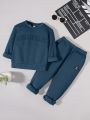 SHEIN Toddler Boys' Casual Round Neck Patterned Fleece Sweatshirt And Sweatpants Set