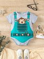 Boys' Adorable Monkey Pattern Short Sleeve Romper (Faux Two Pieces) For Summer