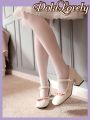 Dola Lovely Mary Jane Style Pearl Beaded White Bowknot Chunky Heel Single Shoes For Women