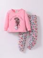 Baby Girls' Letter Printed Long Sleeve Top And Flower Printed Long Pants Pajamas Set