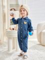 Baby Boy Bear Embroidery Dual Pocket Button Front Shirt Jumpsuit