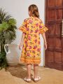 SHEIN Kids SUNSHNE Tween Girls' Loose Fit Casual Floral Printed Weave Round Neckline Dress