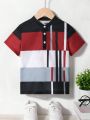 SHEIN Kids EVRYDAY 1pc Boys' Leisure College Block Striped Half Placket Short Sleeve Stand Collar Polo Shirt Printed Comfortable Outfit Suitable For Outdoor Activities, School, Holidays, And Home