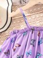 SHEIN Kids SUNSHNE Girls' Sleeveless Butterfly Print Shirt With Ruffled Hemline