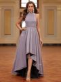 SHEIN Belle Ladies' Formal Evening Dress, With High Low Asymmetric Hemline And Stand Collar (Heavy Duty)