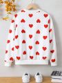 SHEIN Kids Y2Kool Girls' (big) Heart Shaped Pattern Round Neck Sweatshirt