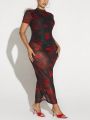 SHEIN SXY Plus Chinese Dragon Print Split Thigh Mesh Dress