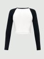 SHEIN Qutie Women's Color Block Raglan Long Sleeve Crop T-shirt