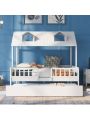 Full Size House Bed with Trundle Bed, Wood Daybed with Trundle, Window and Roof, for Girls Boys, Kids Platform Bed Frame with Roof Wood Bed for Bedroom