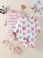 SHEIN Baby Girls' Striped Panda Printed Footed Sleeper Pajama Set
