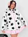SHEIN Qutie Plus Size Fluffy Hooded Coat With Star Pattern