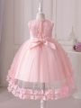 Young Girls' Pink Butterfly Princess Party Dress With Train