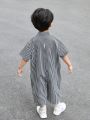 SHEIN Kids KDOMO Toddler Boys' Casual Loose Striped Short Sleeve Collared Romper